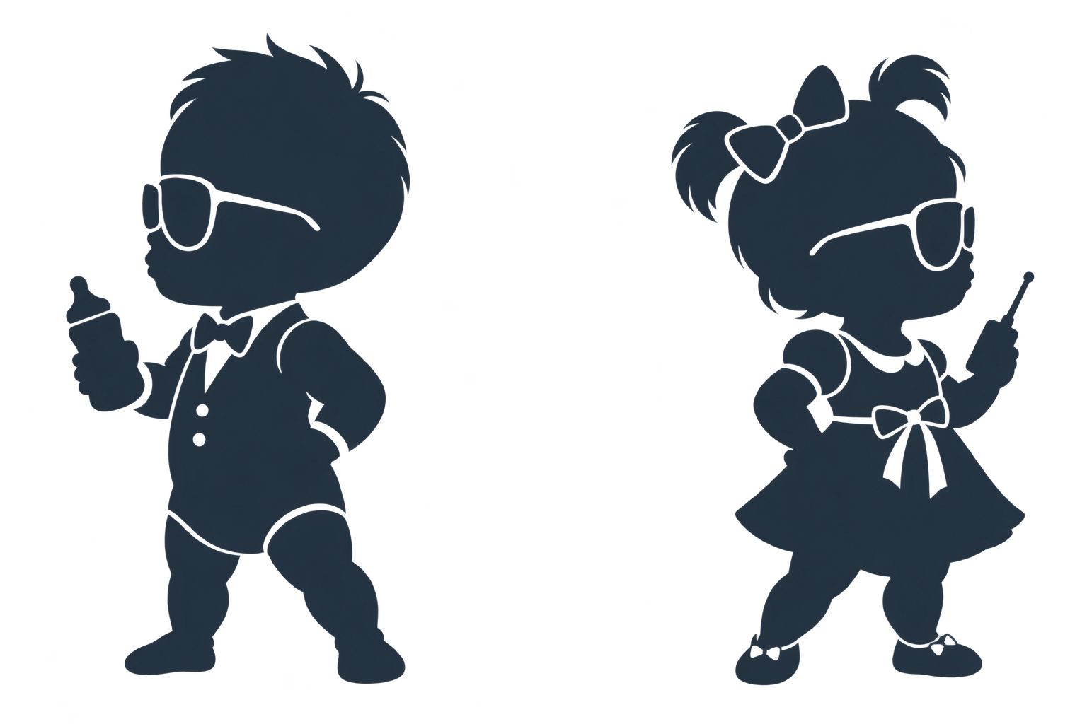A shadow silhouette of a boy baby spy in side profile, with tousled hair, sunglasses, and a bottle.
